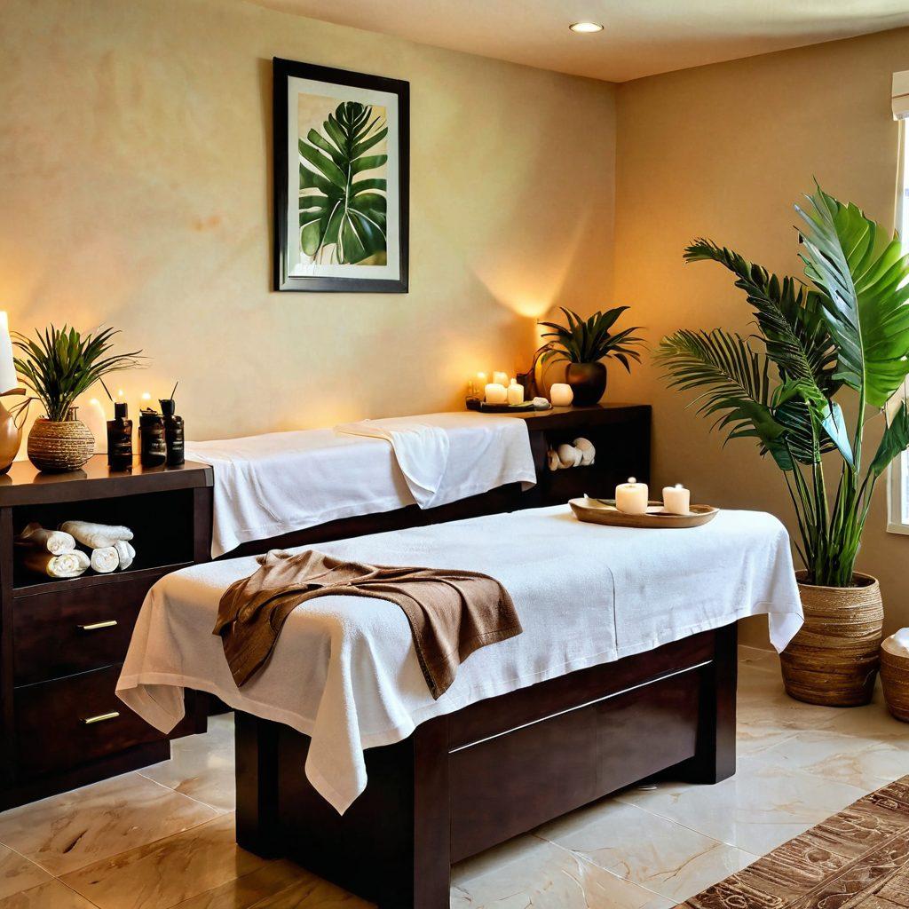 A serene spa setting showcasing a skilled aesthetician performing a Brazilian wax on a relaxed client. The room is decorated with tropical plants and soft lighting, exuding a calming atmosphere. Display essential waxing tools artfully arranged on a chic countertop, complemented by hints of a beach theme like a sandy tone and seashells in the decor. Include a graceful silhouette of a bikini body in the background to emphasize body positivity and confidence. super-realistic. warm colors. peaceful ambiance.